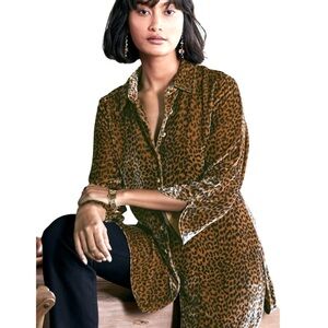 Soft Surroundings Icon Leopard Cheetah Velvet Silk Poets Tunic Lagenlook‎ Sz XS